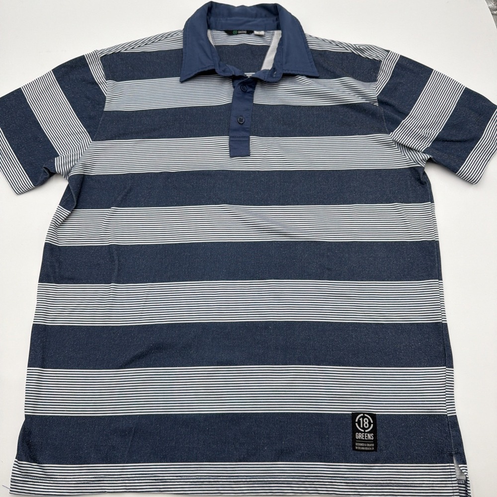 18 Greens Polo Shirt Mens Large Blue Striped Pattern Stretch Golf Performance